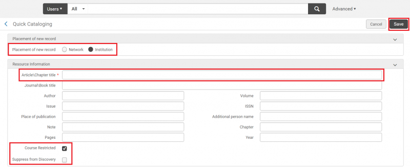 An image of the top half of the Quick Cataloging screen with several fields and the Save button highlighted