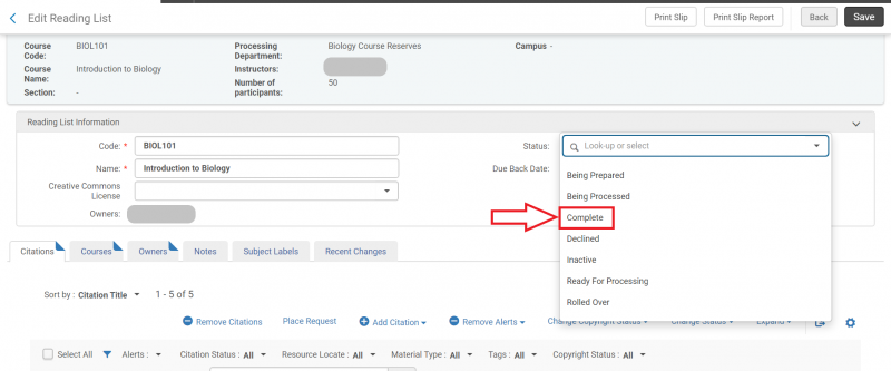 An image of the Edit Reading List screen with the Status drop down menu deployed and the Complete option highlighted