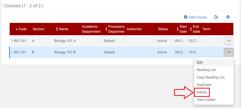 An image of the courses screen with a more actions ellipsis deployed and the delete option highlighted