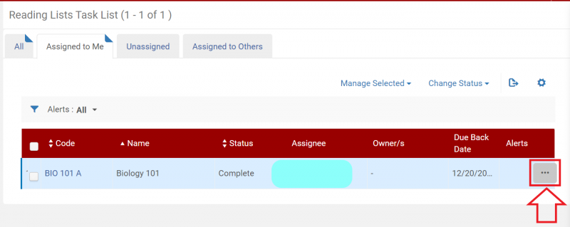 An image of the Reading Lists Task List screen with the more actions ellipsis highlighted