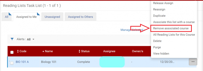 An image of the Reading Lists Task List screen with the more actions menu deployed and the option remove associated course highlighted