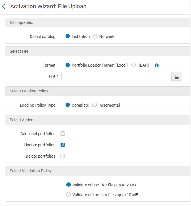 Screenshot of the Activation Wizard File Upload screen in Alma Portfolio Loader.