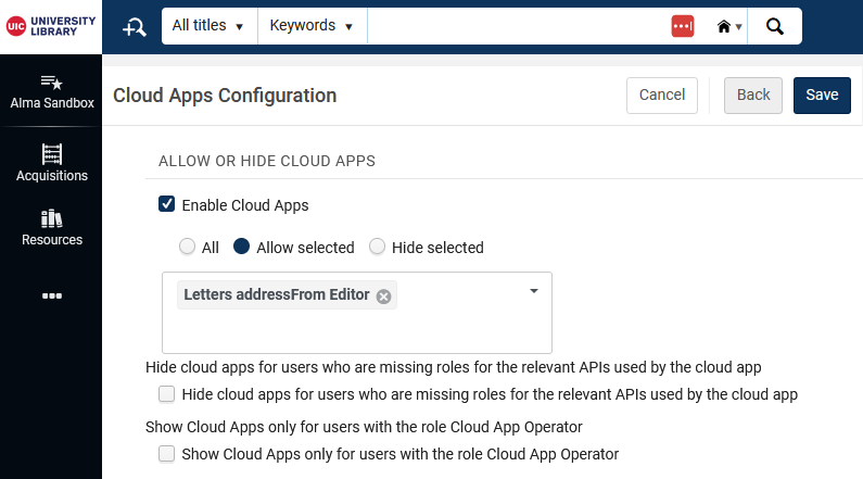 Screenshot of Cloud Apps Configuration page for allowing or hiding Cloud Apps