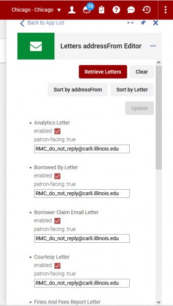Screenshot of the Letters addressFrom Editor Cloud App with letters and addressFrom fields displayed.