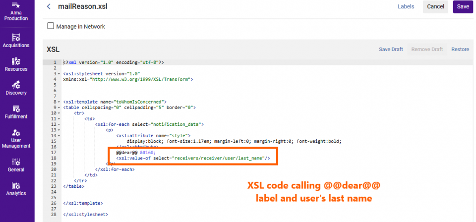 Screenshot of the mailReason.xsl template with default code.