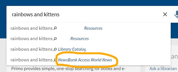 Primo VE search bar with search term rainbows and kittens typed into the bar