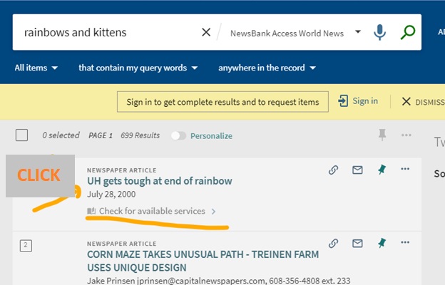 Primo VE search bar and record results from rainbows and kittens search