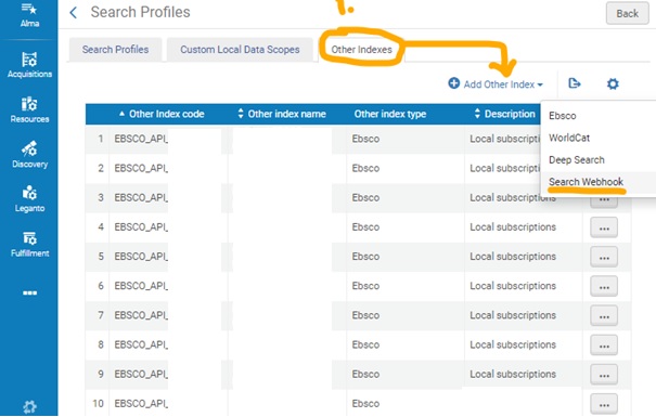 Alma configuration defining a Primo VE Webhook Search Scope