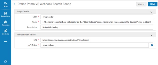 Alma Discovery configuration for defining Primo VE Webhook Search Scope