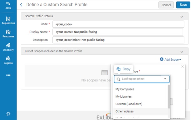 Alma configuration for defining a custom search profile