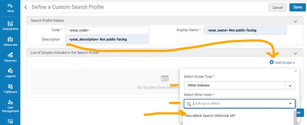 Alma configuration for defining a custom search profile