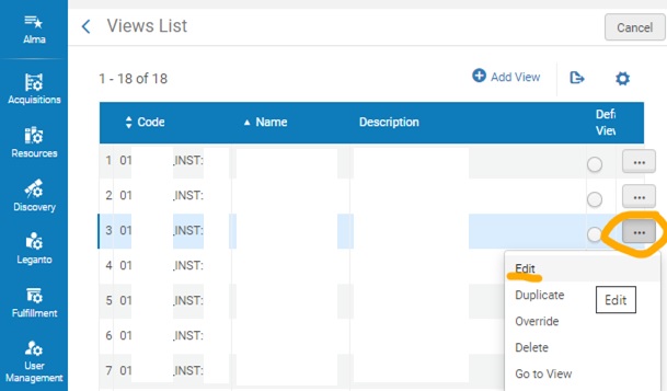 Alma Discovery configuration Views List