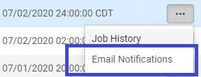 The row actions menu for the scheduled jobs list offers options of Job History and Email Notifications. Select Email Notifications.