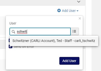 The Add User search box: you may type part or all of a name to search, and Alma will suggest possible matches.