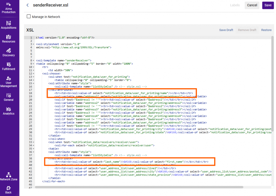 Screenshot of senderReceiver.xsl Template with 2 name fields highlighted.