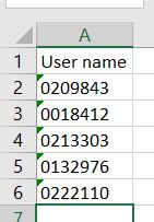 A column of Alma Primary ID numbers entered as text in Excel, with column heading "User name".