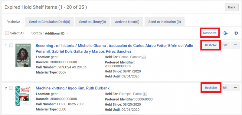 Screenshot shows the Expired Hold Shelf Reshelve tab, with two examples. The Reselve option for each item is highlighted, as well as the Reshelve button used to adjust multiple items simultaneously.