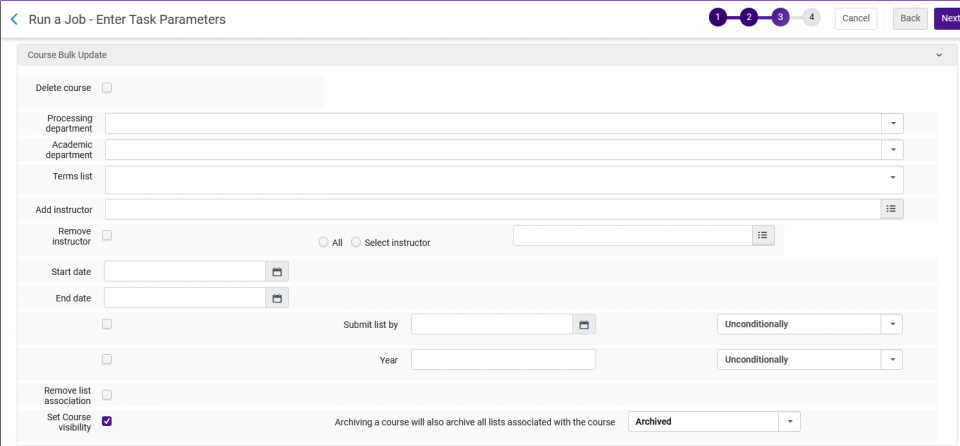 Selecting the Set Course Visibility choice in a job