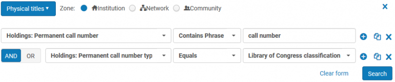 Screenshot shows an Advanced search with two lines. One is set to Holding Permanet Call Number, and the second is set to the Permanent Call Number Type.
