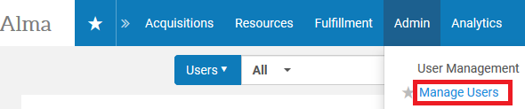 Screenshot shows the Admin drop-down menu, with the Manage Users option highlighted.