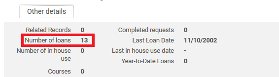 Screenshot shows the "Other Details" tab information for an item searched using the Physical Items search. The Number of loans is highlighted.