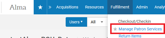 Screenshot showing the Fulfillment > Manage Patron Services menu.