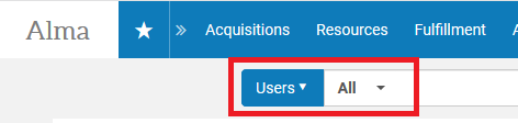 Screenshot shows sthe Alma persistent search bar. The "Users" option is selected, with the additional search limit set to "All".