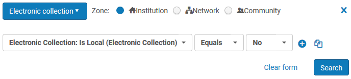 Screenshot shows the Alma Advanced Search limited to the Electronic Collection, Is Local , Equals No search option.