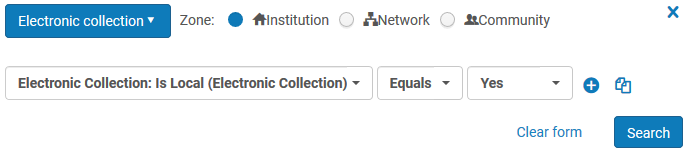 Screenshot shows the Alma Advanced Search limited to the Electronic Collection, Is Local , Equals Yes search option