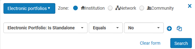 Screenshot shows the Advanced Search option for Electronic Portfolios, where "Is Standalone" is set to Equals No.