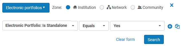 Screenshot shows the Advanced Search option for Electronic Portfolios, where "Is Standalone" is set to Equals Yes.