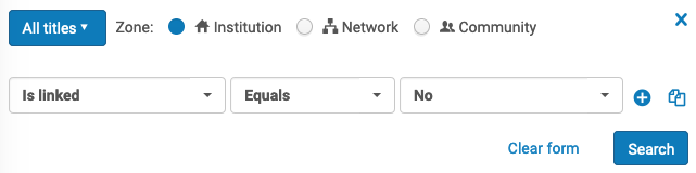 Screenshot shows the Alma advanced search bar with search options set to All Titles, Is linked Equals No in the search term box.