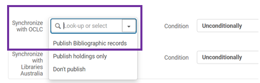 Batch imports Set Management Tags tab open with a purple box identifying the Synchronize with OCLC menu options Publish Bibliographic records, Publish holdings only, and Don't publish.<br />
The Publish Bibliographic records option is included in the box.