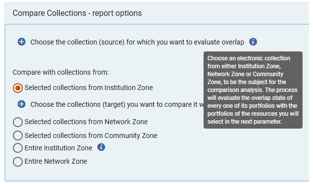 Screenshot of the Compare Collections section from the Alma Overlap and Collection Analysis tool.