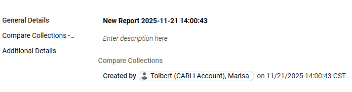 Screenshot of general details for a new report in Overlap and Collection Analysis.