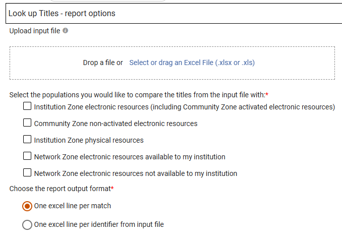 Screenshot of the Look Up Titles - report options section in the Alma Overlap and Collection Analysis tool.