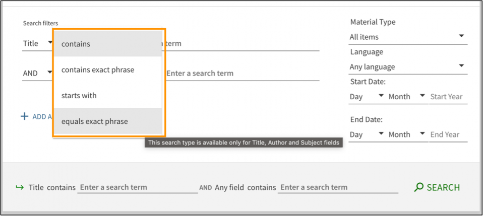 Primo discovery interface Advanced Search screen showing Title search options in an orange box.