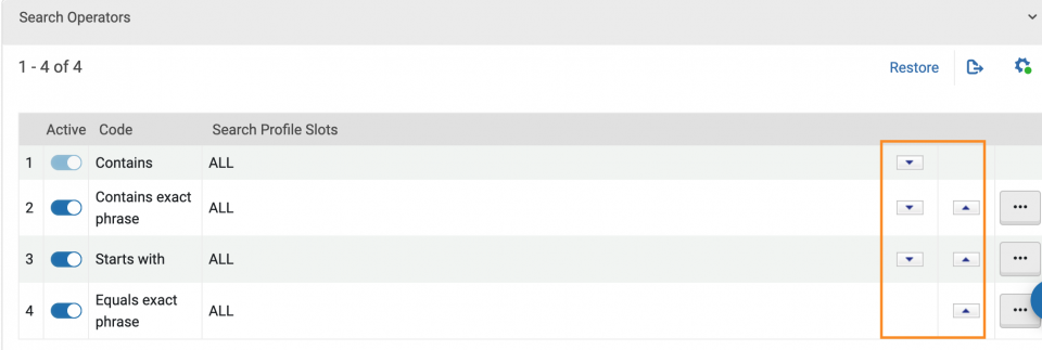 Primo configuration for the Search Operators showing the arrows to reorder the options in an orange box.