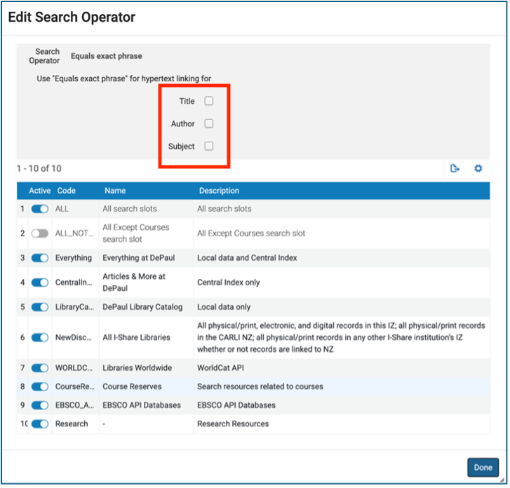 Primo configuration Edit Search Operator box showing Title, Author, and Subject unchecked with a red box highlighting them.