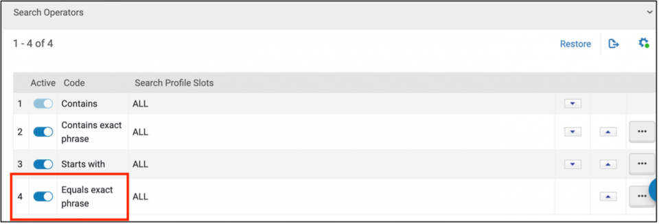 Primo configuration showing Search Operators section with the Equals exact phrase option highlighted in a red box.