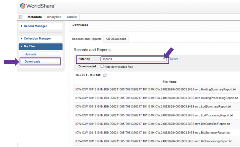 WorldShare > Metadata tab > My Files > Downloads area. Downloads is identified with a purple square box and arrow, and the Records and Reports tab is filtered by Reports, also in a purple square box with arrow.