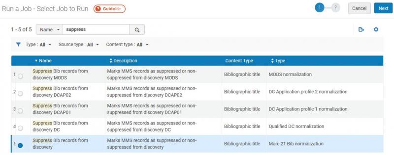 Image of Alma Run a Job - Select Job to Run screen, showing a search for name "suppress" and the "Suppress Bib records from discovery" job with type "Marc 21 Bib normalization" as the selected entry.