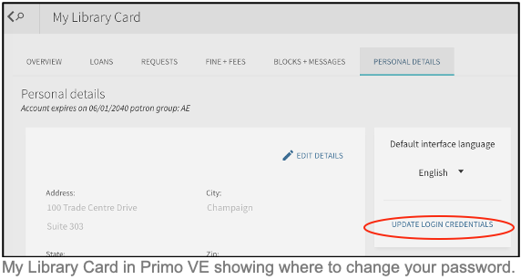 My Library Card in Primo VE showing where to change your password