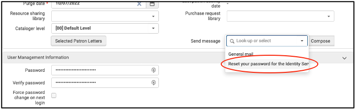 User Record in Alma showing how to send a password letter