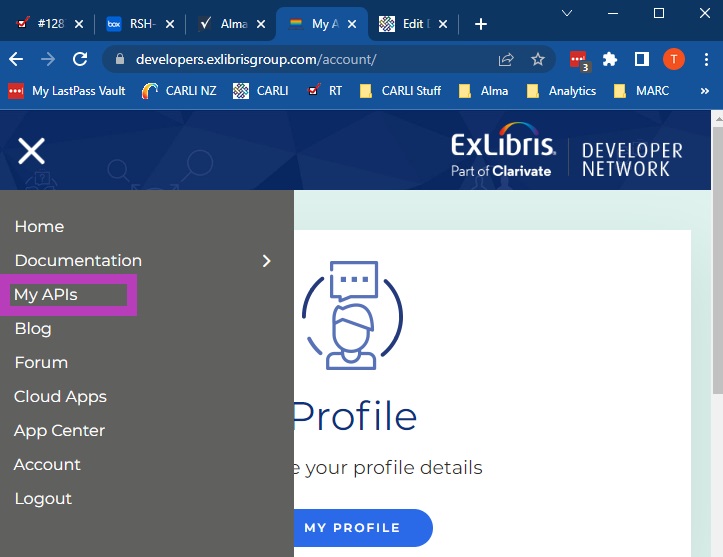 An image of the Ex Libris Developer Network my account page, as viewed in a mobile browser. The menu is open from the top left, and the My APIs option is highlighted with a purple rectangle.