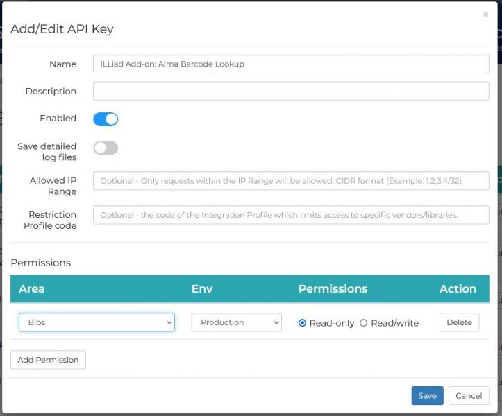 An image of the Ex Libris Developer Network screen for Add/Edit API key. This screen includes fields for Name, Description, Enabled, Save detailed log files, Allowed IP range, Restriction profile code, and a permissions area. An Add Permission button is below and left of the permissions area, and a save button is visible below and right of the permissions area.