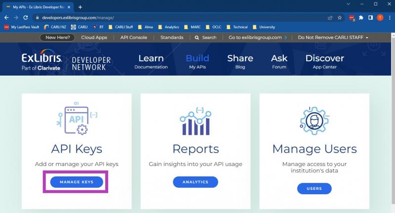 An image of the Ex Libris Development Network Build APIs page. The Manage Keys button is highlighted with a purple rectangle.