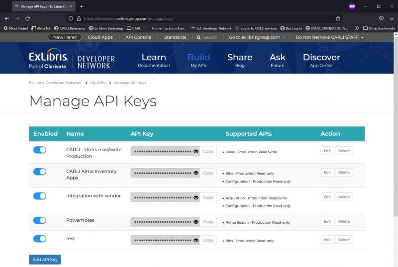 An image of the Ex Libris Developer Network manage API keys screen for a CARLI institution. Five keys have been created with different configurations. There is an Add API Key button below and to the left of the existing keys.