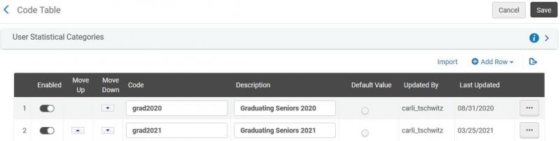 Image of the Alma User Statistical Categories code table, displaying two category values, one with code grad2020 and description Graduating Seniors 2020, and one with code grad2021 and description Graduating Seniors 2021. Image shows the Add Row button in the right above the table, and a Save button in the top right corner of the screen.