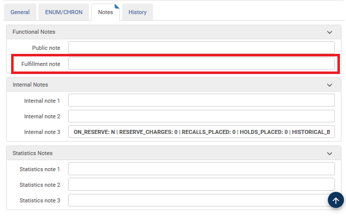 Screenshot shows the Notes tab in the item editor, with the "Fulfillment note" area highlighted.